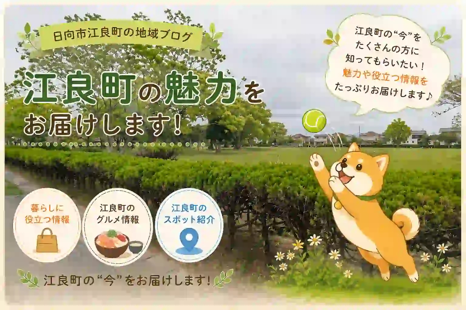日向市江良町の広い公園風景と柴犬イラストで地域の魅力を紹介するブログアイキャッチ画像