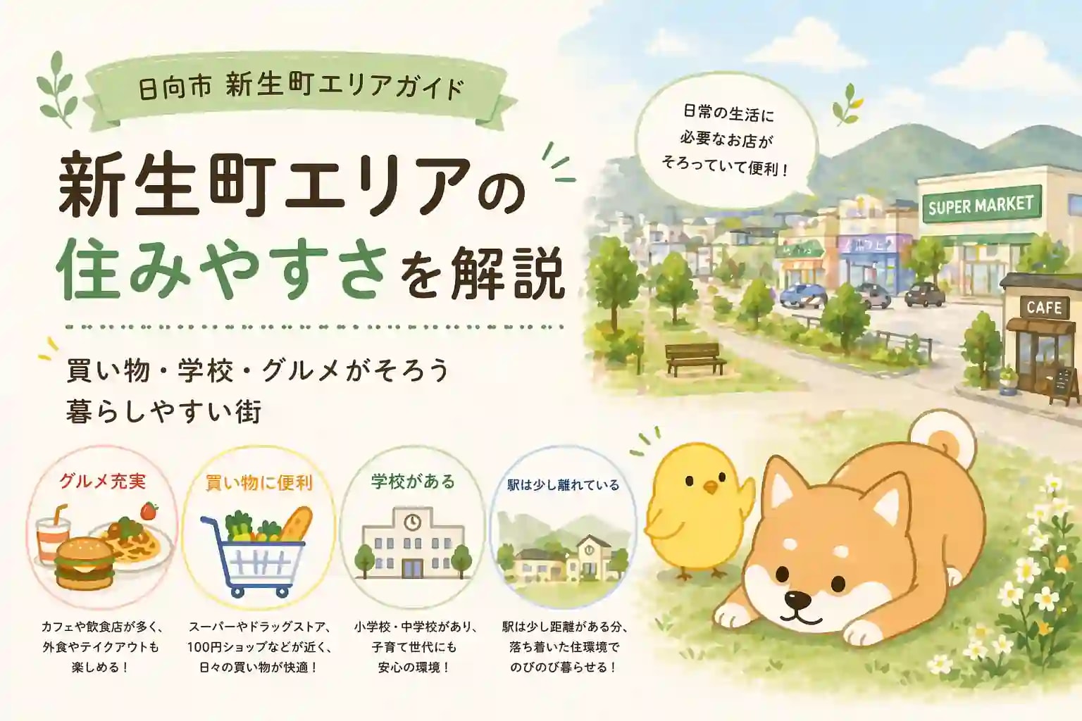 日向市新生町は住みやすい？コンビニ・ドラッグストア・学校・天領うどんが揃うエリアを解説の画像